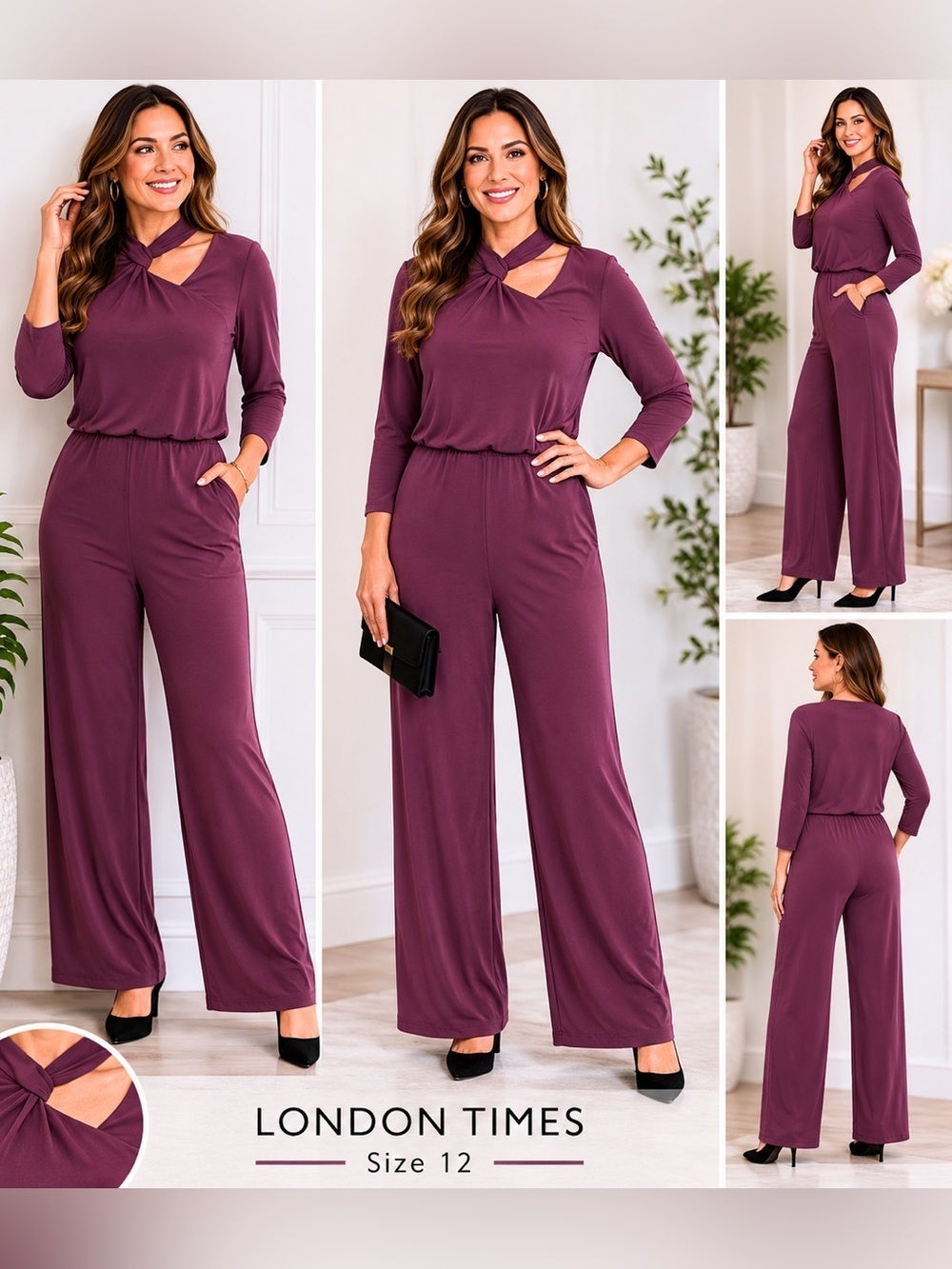 London Times Asymmetric Neck Stretch Jersey Jumpsuit/Eggplant size 12